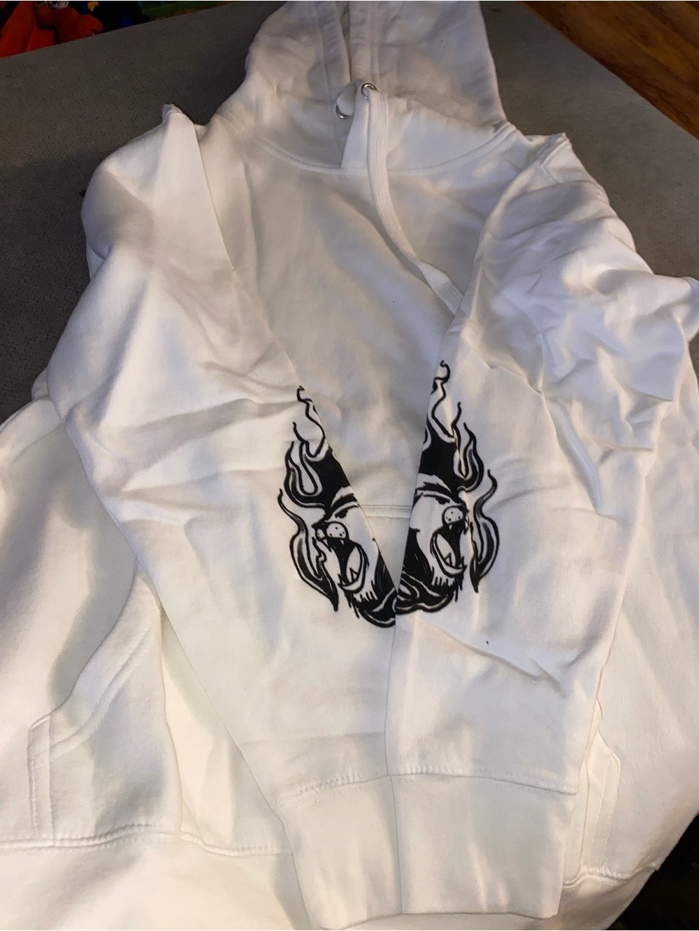 White Crewneck Hoodie with Black Flame Graphic